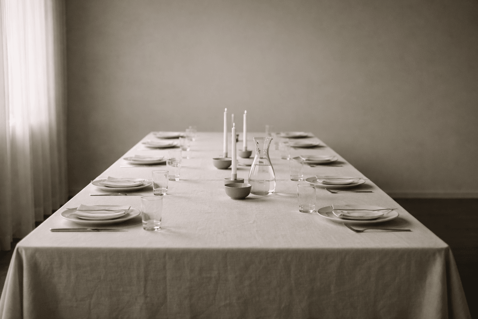 Mesa vazia preparada para um ritual, com elementos brancos organizados em silêncio, simbolizando repetição sem garantia de sentido